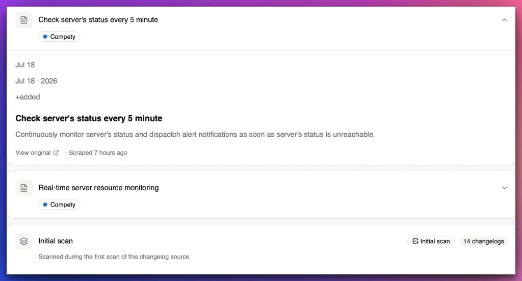 Kueon changelog monitoring showing a competitor update from Compety