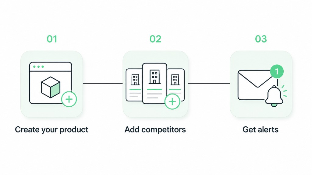 How Kueon works in three steps: create your product, add competitors, and get alerts