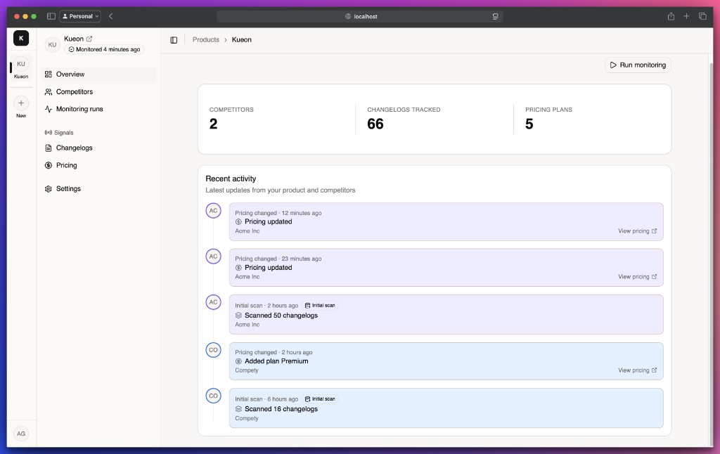 Kueon product dashboard showing competitor overview, recent activity, and monitoring status